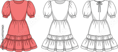 Tiered dress design, puff sleeve fashion illustration, CAD garment template, flat vector drawing, keyhole back tie, gathered seams, coral pink