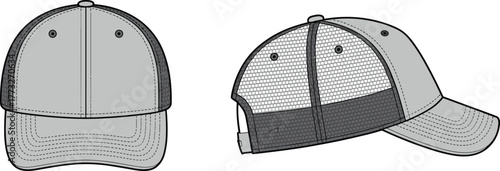 Trucker style baseball cap front and side view, mesh back panels, adjustable strap, curved brim, cad drawing flat vector illustration
