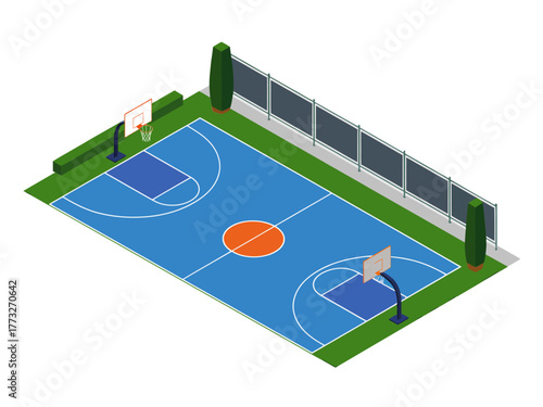 Isometric outdoor basketball court, fenced perimeter with lights, blue and orange surface, twin hoops, urban recreation vector