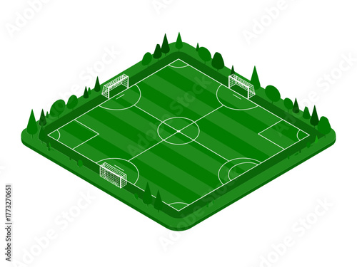 Green soccer pitch complex, lush grass field, rounded corners, practice goals, shaded perimeter trees, recreation park illustration vector