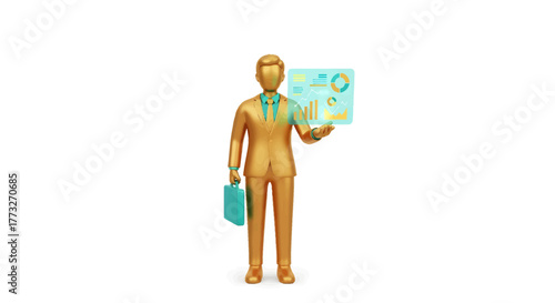 Dynamic gold businessman holding financial data chart presenting growth strategy for investors and shareholders in modern business setting