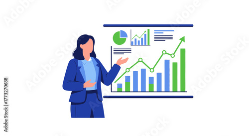 Businesswoman presenting positive sales growth charts and financial data analysis for strategic planning and investment decisions during modern meeting
