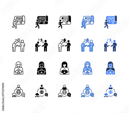 Evacuation plan, Conflict resolution, First aid, Communication system multiple style icon set.