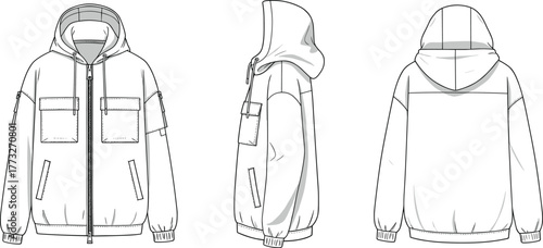 Unisex cargo hoodie jacket vector, zip-up hooded outerwear flat sketch with patch pockets, drawstring hood, and ribbed cuffs