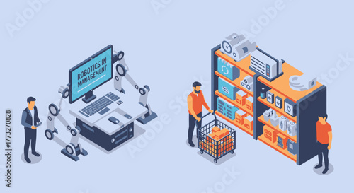 An isometric illustration of business automation, with robotic arms in management and workers in a smart warehouse.