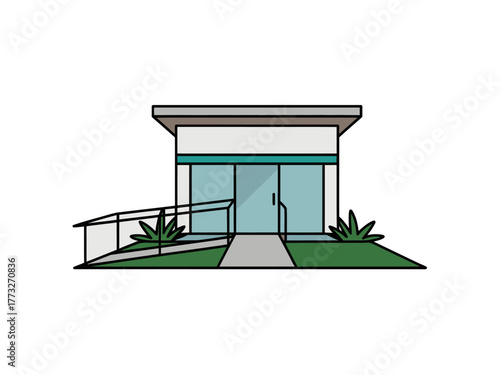 Modern glass front office, small pavilion structure, ramp entry, landscaped garden, minimal facade, contemporary commercial space vector