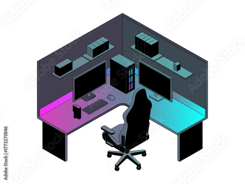 Isometric gaming workstation corner, dual monitor setup with rgb lighting, ergonomic chair, tower pc, modern streaming desk