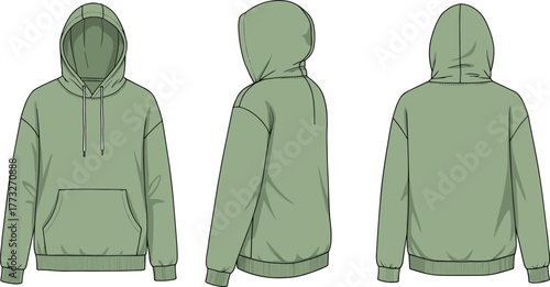 Unisex hoodie flat sketch, CAD drawing, drawstring hood, kangaroo pocket, ribbed cuffs and hem, vector template, garment design, technical illustration