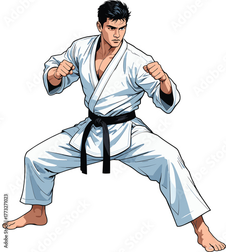 Karate Fighter or Martial Arts Master in Fighting Stance with Black Belt Vector