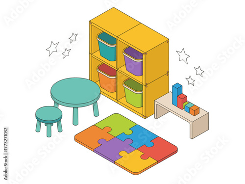 Kids playroom isometric, low table and stools, storage cubbies with bins, puzzle mat flooring, cheerful classroom corner