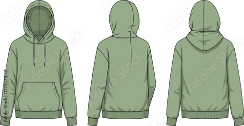 Unisex hoodie flat sketch, CAD drawing, drawstring hood, kangaroo pocket, ribbed cuffs and waistband, vector template, garment design, technical illustration