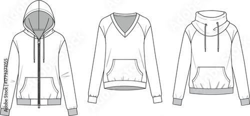 Unisex hoodie flat sketch, CAD drawing, zip up hoodie, pullover V neck, funnel neck sweatshirt, vector template, garment design, technical illustration