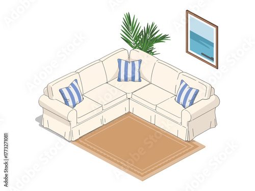Corner sectional lounge, L shaped sofa, throw pillows, large window light, area rug, potted palm, relaxed home interior