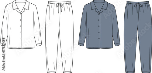Unisex pajama set front view, CAD fashion drawing, flat vector illustration, garment template, stylish clothing design, editable outline, apparel sleepwear