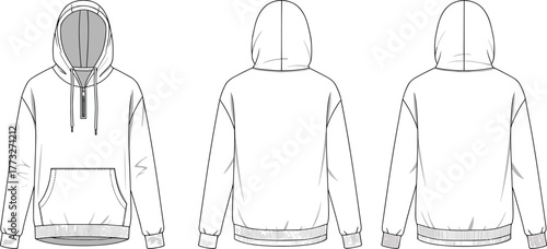 Unisex pullover hoodie flat sketch, half-zip sweatshirt vector template with drawstring hood, kangaroo pocket, and ribbed hem and cuffs