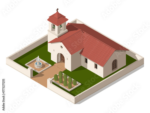 Isometric mission style church, red tile roof, courtyard garden beds, small cross tower, heritage architecture scene, vector illustration