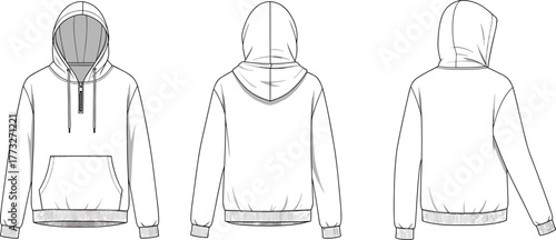 Unisex pullover hoodie vector, half-zip sweatshirt template with kangaroo pocket, drawstring hood, ribbed cuffs, and hem flat sketch