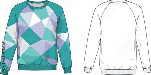 Unisex sweatshirt flat sketch, CAD drawing, geometric print front, plain back view, ribbed cuffs and hem, vector template, garment design, illustration