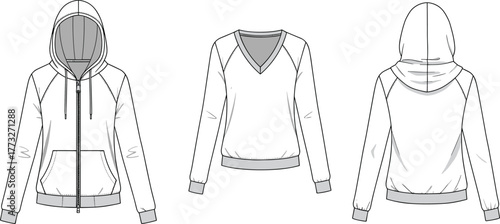 Unisex sweatshirt flat sketch, CAD drawing, zip up hoodie, pullover V neck, raglan sleeve hoodie, vector template, garment design, technical illustration