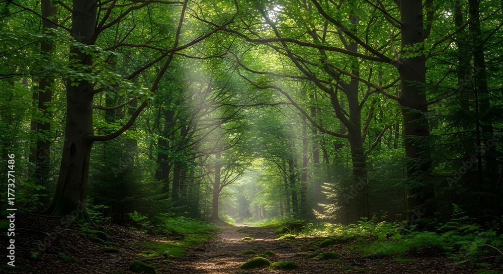 Fototapeta premium Beautiful forest with tall trees and sunlight beams filtering through branches jpeg image.
