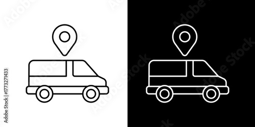 Modern outline vector icon depicting a commercial delivery van with a GPS location pin, perfect for illustrating concepts of logistics, transportation, and route tracking solutions