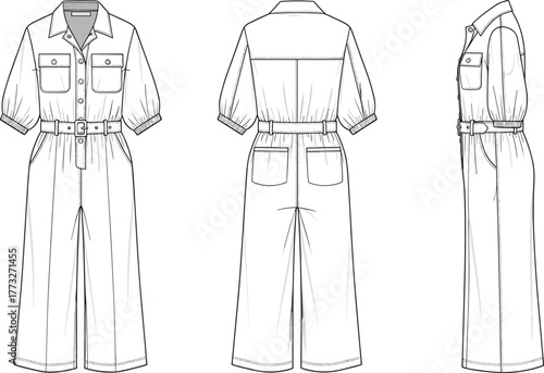 Utility jumpsuit fashion flat sketch, belted boiler suit CAD drawing, women’s overall vector template, cargo pocket design illustration, apparel outline