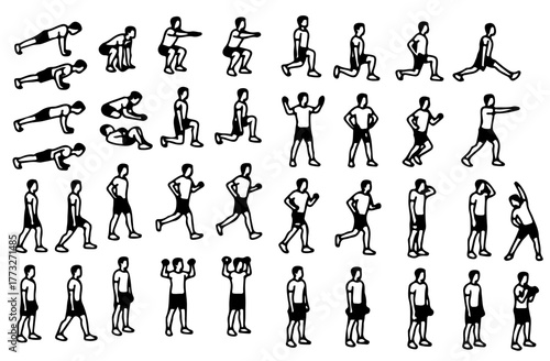 Full Body Workout Actions Male Vector Grid Black and White