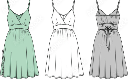 V-neck spaghetti strap dress technical flat sketch, summer dress vector template, wrap dress with waist tie fashion illustration