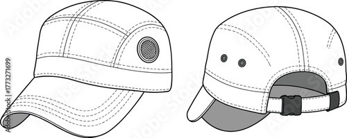 White baseball cap front and back view, black stitching detail, curved brim, mesh ventilation, adjustable strap, cad drawing flat vector illustration