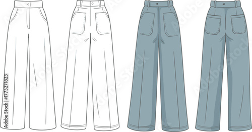 Wide leg pants design, high waist fashion illustration, CAD garment template, flat vector drawing, belt loops, button closure, pockets