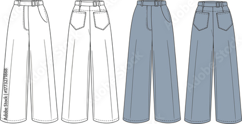 Wide leg pants design, high waist fashion illustration, CAD garment template, flat vector drawing, belt loops, patch pockets, front back