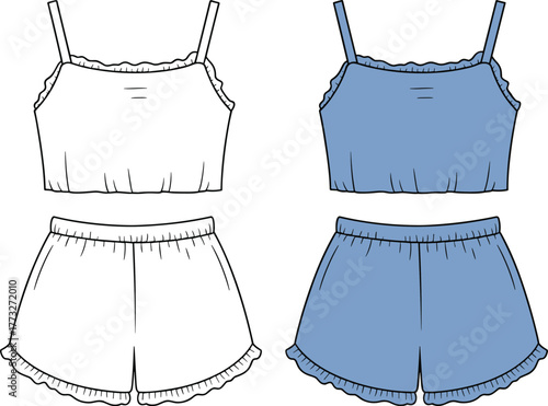 Women camisole and shorts flat sketch, ruffle neckline and hem sleepwear set, loungewear template, fashion cad drawing, clothing design vector illustration