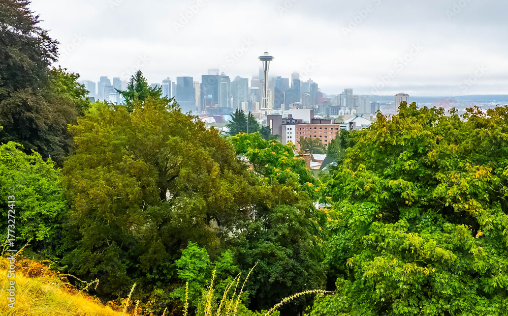 Fototapeta premium Scenic View of Seattle Skyscrapers from Above on Cloudy Day