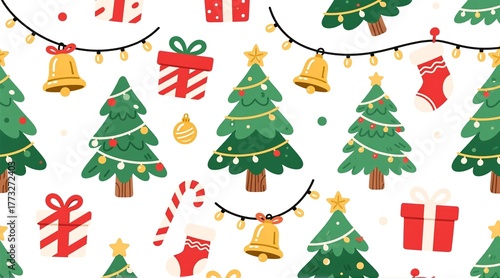 A festive Christmas pattern featuring green pine trees, red and white gift boxes, golden bells, candy canes, stockings, and twinkling string lightsall set against a cheerful white background. Perfect 