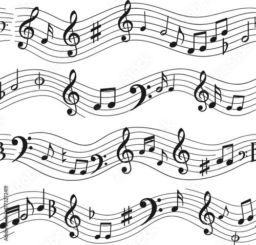 Seamless Music Notes Wave Pattern on White Background.