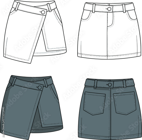 Women skirt flat sketch, asymmetrical wrap skirt and straight mini skirt template, front back view, fashion cad drawing, clothing design vector illustration