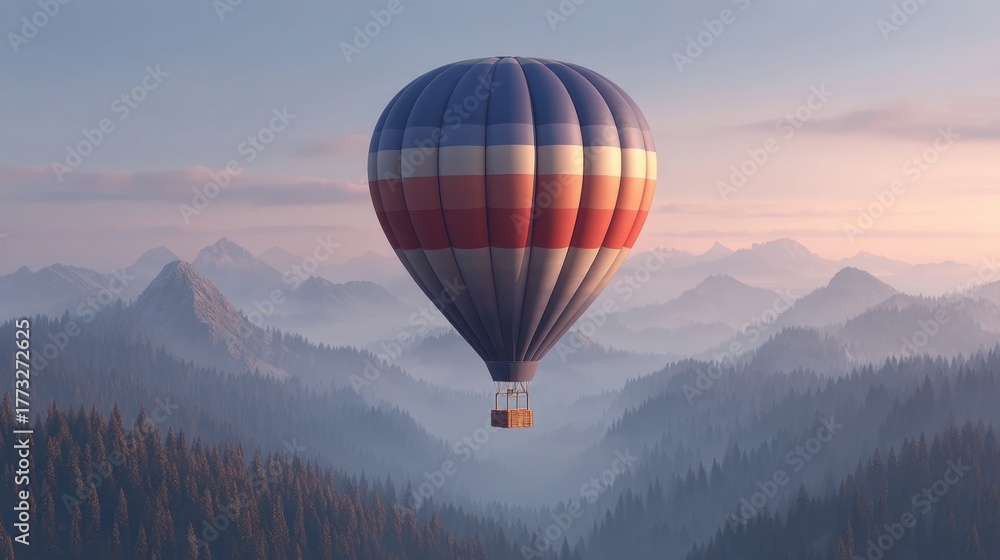 Fototapeta premium Hot Air Balloon Soaring Over a Majestic Mountain Landscape at Sunrise with Soft Hues and Serene Atmosphere