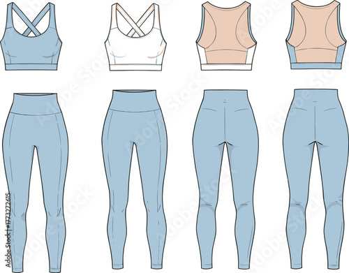 Women’s activewear set vector, sports bra and leggings technical flat sketch, gym outfit design with mesh panels and seam details