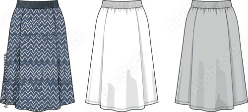 Women’s A‑line skirt flat sketch, CAD drawing, elastic waistband, knee length, plaid chevron pattern, vector template, garment design, technical illustration
