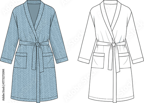 Women’s bathrobe flat sketch, belted long sleeve dressing gown fashion vector template with pockets and shawl collar design