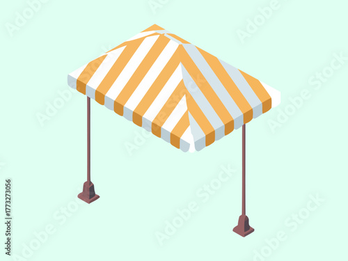 Outdoor canopy tent, yellow and white striped cover, four poles, event market shelter, festival shade structure vector