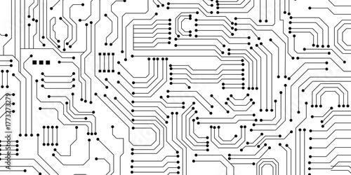Abstract circuit board background. Technology connected black lines with electronics elements on tech bg.