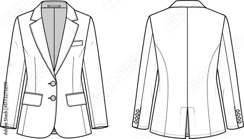 Women’s blazer fashion flat technical sketch, tailored single-breasted jacket vector template with lapel collar, pockets, front and back views CAD