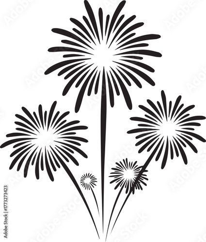 Stylized black outline fireworks bursting in a celebration