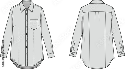 Women’s button-up shirt vector, long sleeve collared blouse fashion flat sketch with front pocket, curved hem, and cuff detailsWomen’s button-up shirt vector
