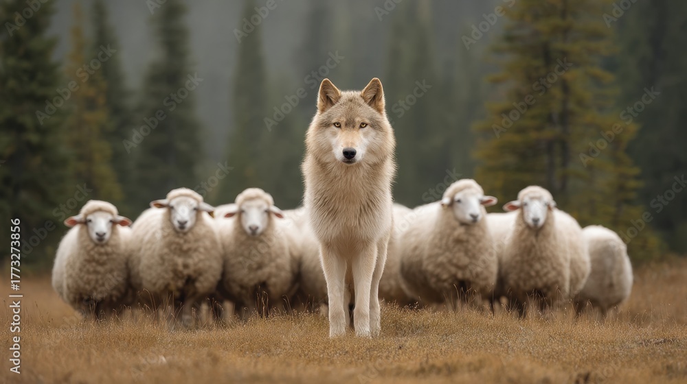 Naklejka premium A Majestic Wolf Stands Among Sheep in a Serene Landscape, Depicting the Intricate Balance of Nature and Animal Behavior in Perfect Harmony