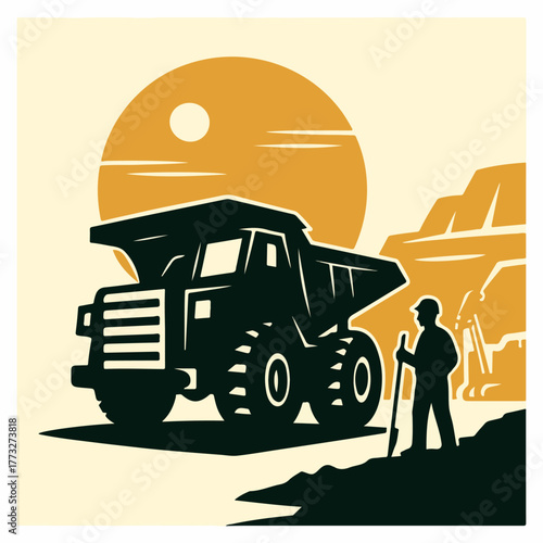 Mining Dump Truck At Sunset With Worker Silhouette In Rugged Quarry Landscape