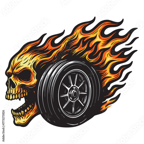 A bold vector illustration of a fiery skull fused with a speeding tire, symbolizing speed, and power. Perfect for biker logos, racing decals, or custom apparel designs.