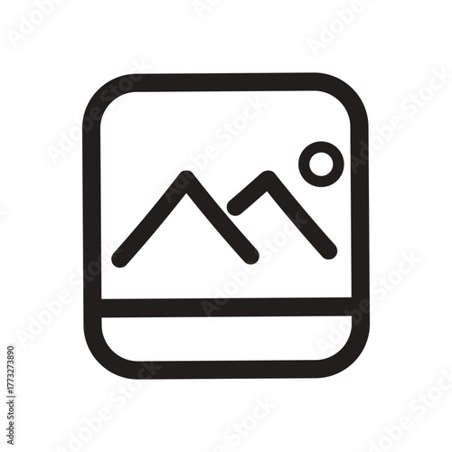 Simple black line icon of a landscape with mountains and a sun, representing a picture or gallery.