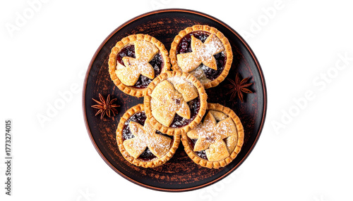 Mince Pies with Fruit Topping on Brown Plate, Isolated on Transparent Background, Top View